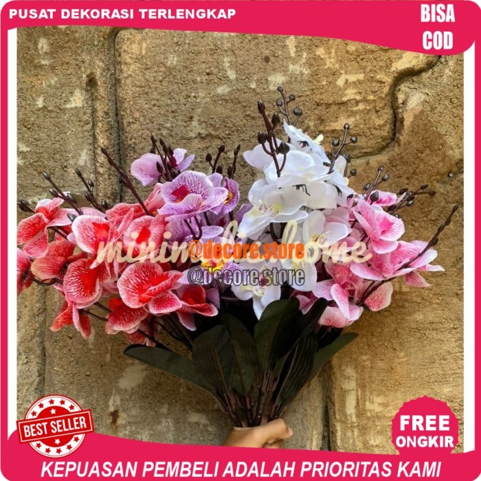 MH - Bunga Anggrek Tangkai Plastik Daun Artificial Tanaman Hias - Pink