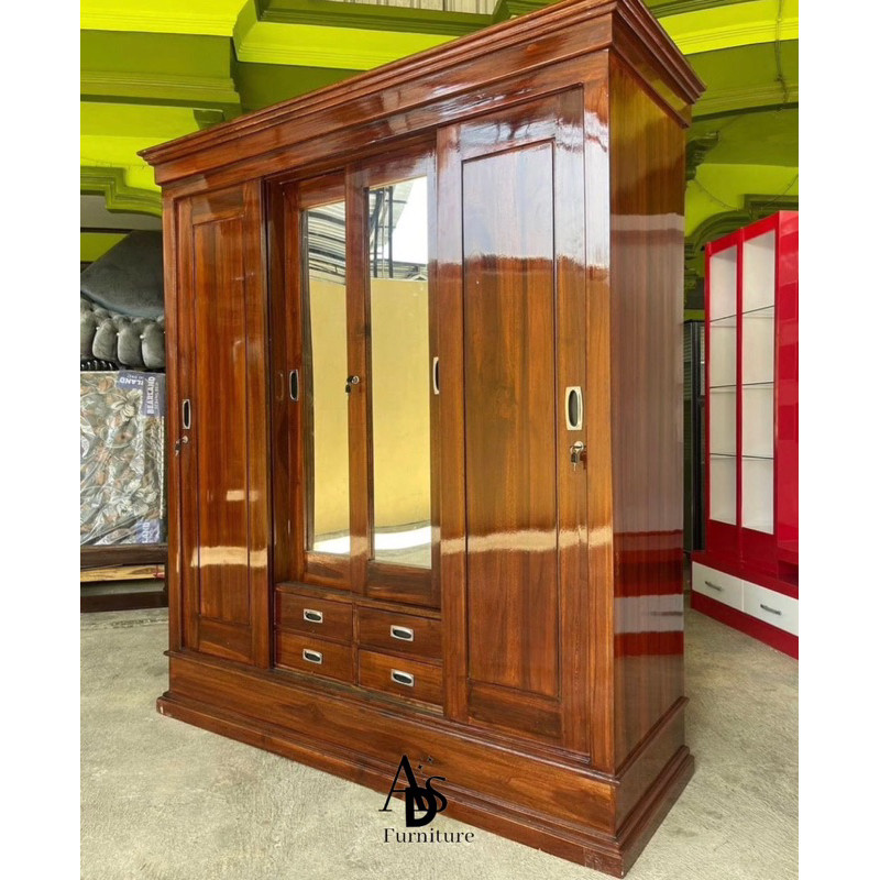 LEMARI PAKAIAN 4 PINTU KAYU JATI LEMARI PAKAIAN SLEDING LEMARI PAKAIAN MINIMALIS