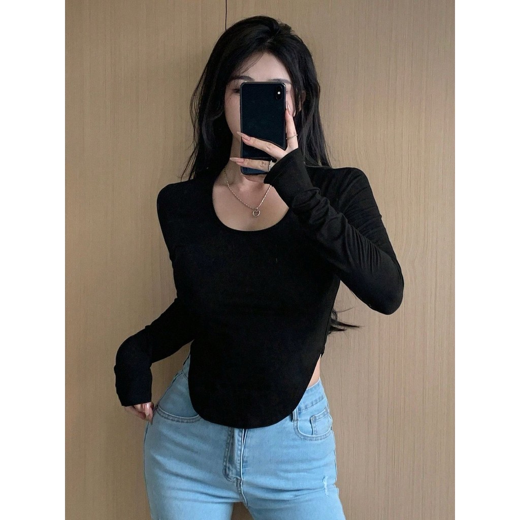 7268 - Kaos Polos Square Neck Crop Top Slit Long Sleeve : Atasan Wanita Sporty Casual Style Oval