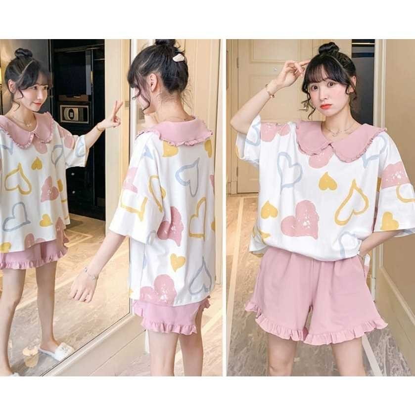 Baju tidur piyama hotpant krah bahan kaos import lengan pendek SETELAN SETCEL ONESET SET PIYAMA BAJU
