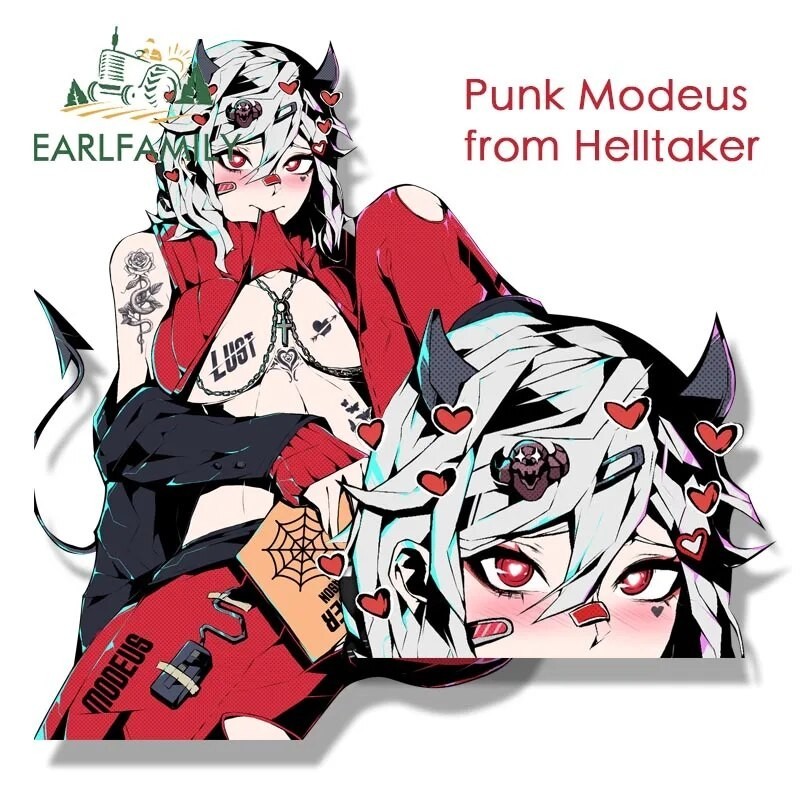 EARLFAMILY Punk Modeus From Helltaker Peeker Car Sticker Cartoon Streetwear Decal Waifu Fanart JDM P