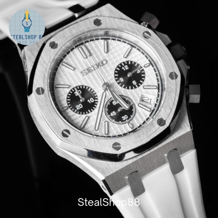 Jam Tangan Seiko Mod Oak Chronograph Panda White Rubber VK63