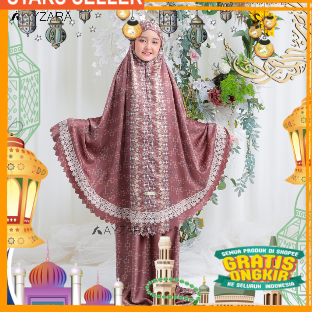 Mukena Ayzara Anak Zamora Maxmara Silk Tas Premium Motif/ Pink Dusty Fanta Merah muda