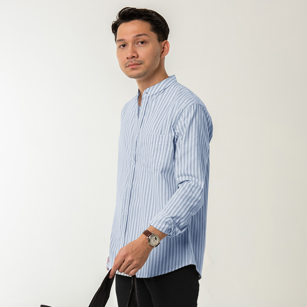 Kemeja Pria Garis WOODCUTTER Collarless Butcher Stripe Kerah Shanghai - Blue Biru Lengan Panjang