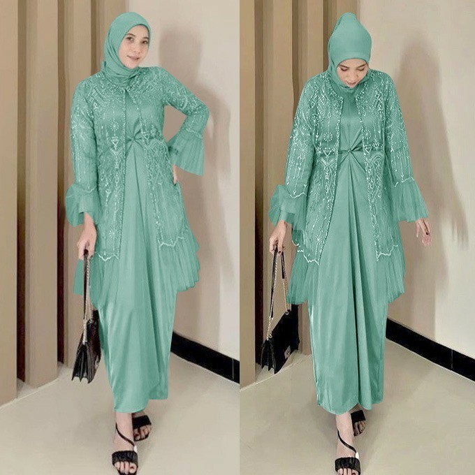 Bongkar Gudang-*Sale* Gamis 2in1 brukat tile size M-XXL jumbo bigsize dress gamis muslim MR - SAGE, 