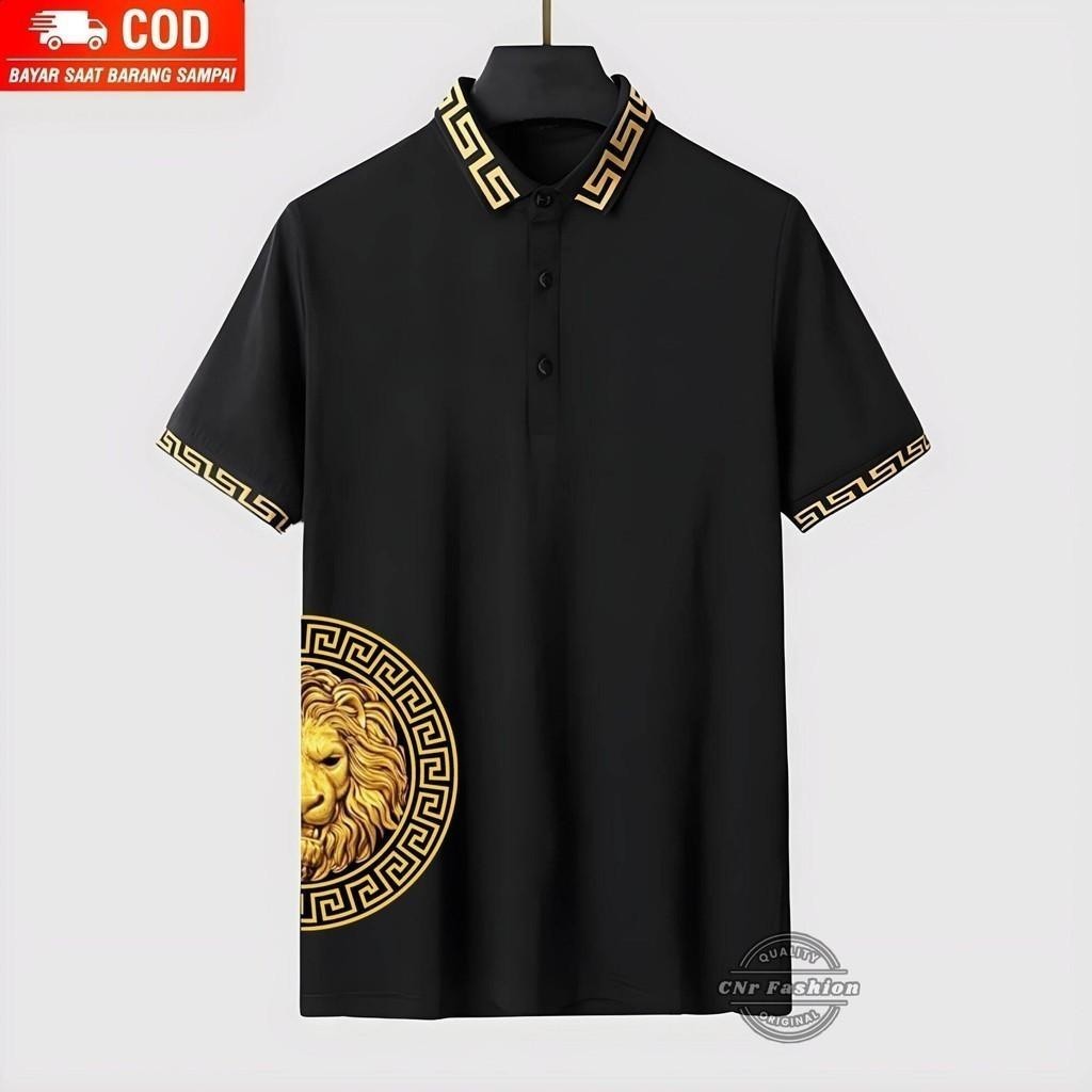 Baju Kaos Polo Shirt Pria Lengan Pendek Distro Kerah Kombinasi Warna Kuning Motif Setengah Sablon