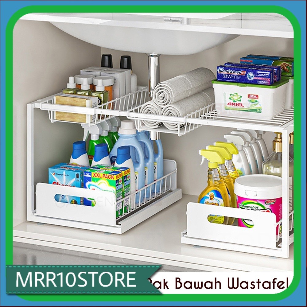 Rak Bawah Wastafel Dapur Kamar Mandi 2 Tingkat Sliding Laci Penyimpan Sabun Bumbu Multifungsi