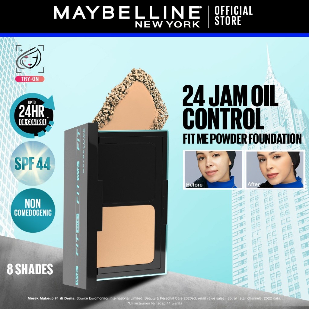 MAYBELLINE  Fit Me 24HR Oil Control Powder Foundation 5 gr Make up Bedak Two Way Cake TWC SPF 44 Blu