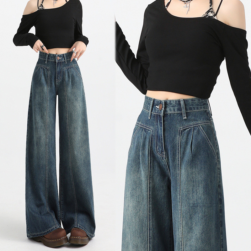 Jeans Wanita Celana Jeans Kaki Lebar Biru Retro Gaya Korea Celana Lurus Pinggang Tinggi Wanita