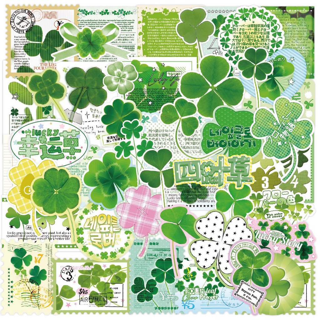 

50Pcs Japanese INS Four-leaf Clover Material Stickers Kawaii Scrapbook Journal DIY Green Deco Cute Kids Phone Case Luggage Decal