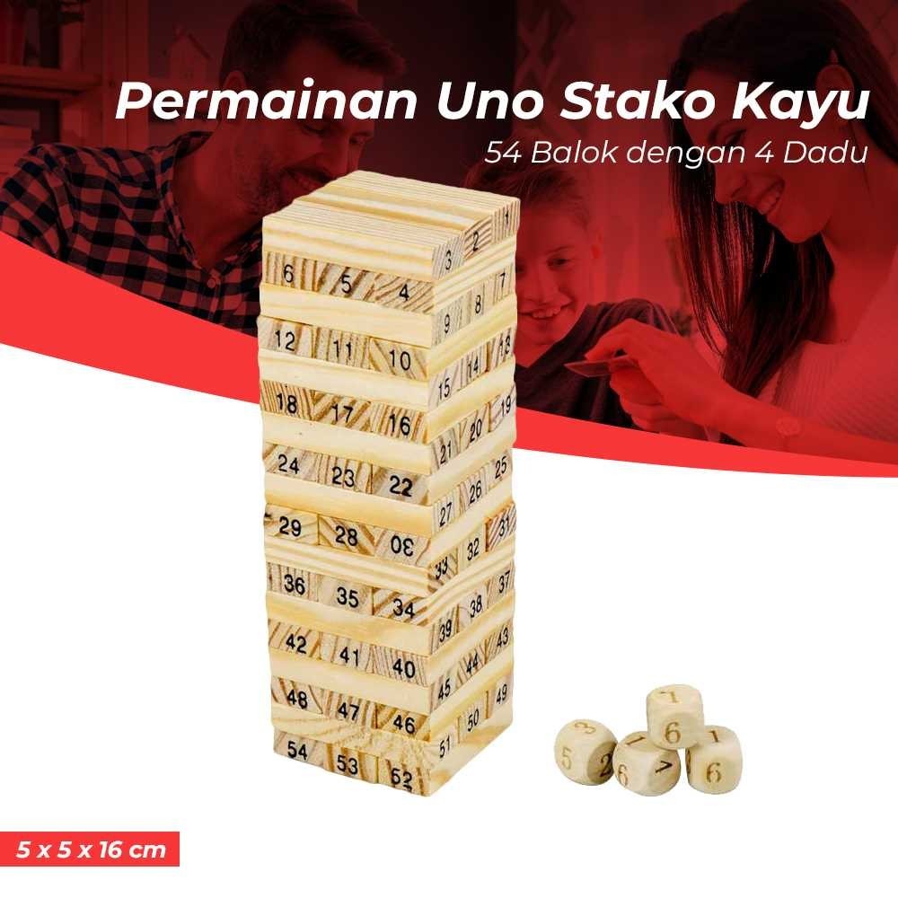 Toddi Permainan Uno Stacko Kayu 54 Balok dengan 4 Dadu / Jenga Stacko Stako Balok Susun Kayu Ukuran 