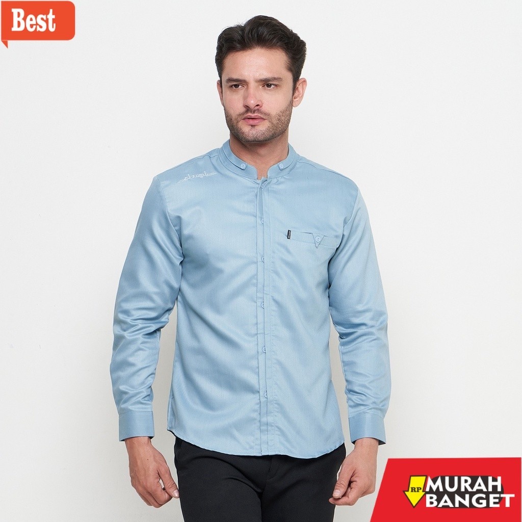 Baju muslim lengan panjang- Baju Koko Pria Elrumi Lengan Panjang Motif Antasena Warna Biru Muda
