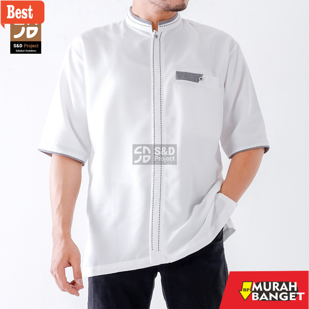 Baju muslim pria pendek- Baju Koko Poli Katun Bordir Lengan Pendek Ukuran M L XL XXL 3XL 4XL - Putih