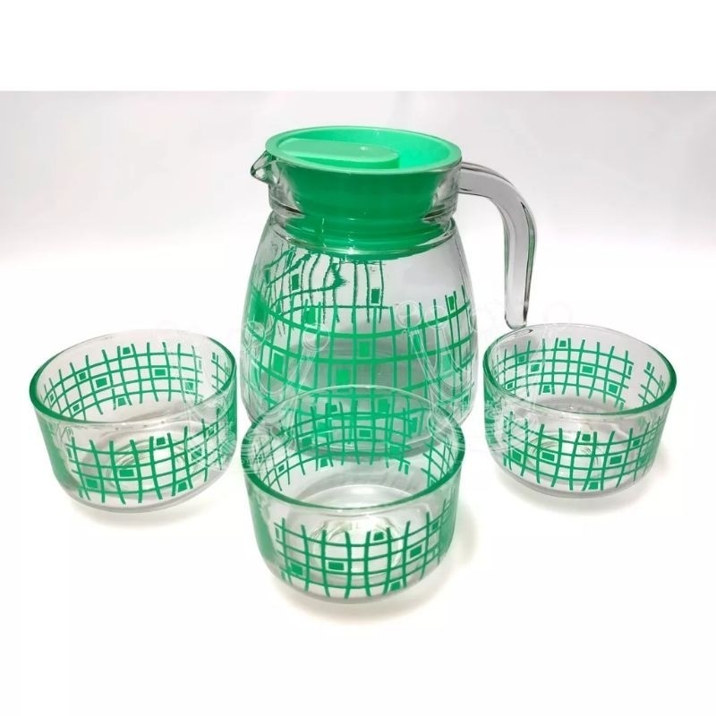 Set Kimglass Lana / Tea Pot Kaca Motif / Set Teko dan Gelas 3 Pcs