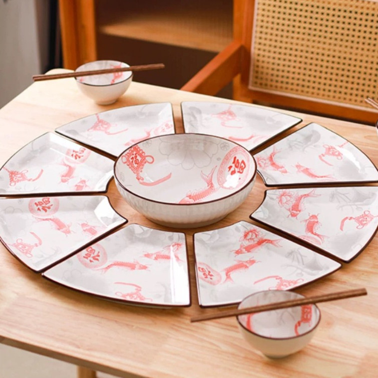 Dining Set Fortune Fish Piring Mangkuk Sendok Keramik Chinese Piring Saji Set Lengkap Prasmanan Bula