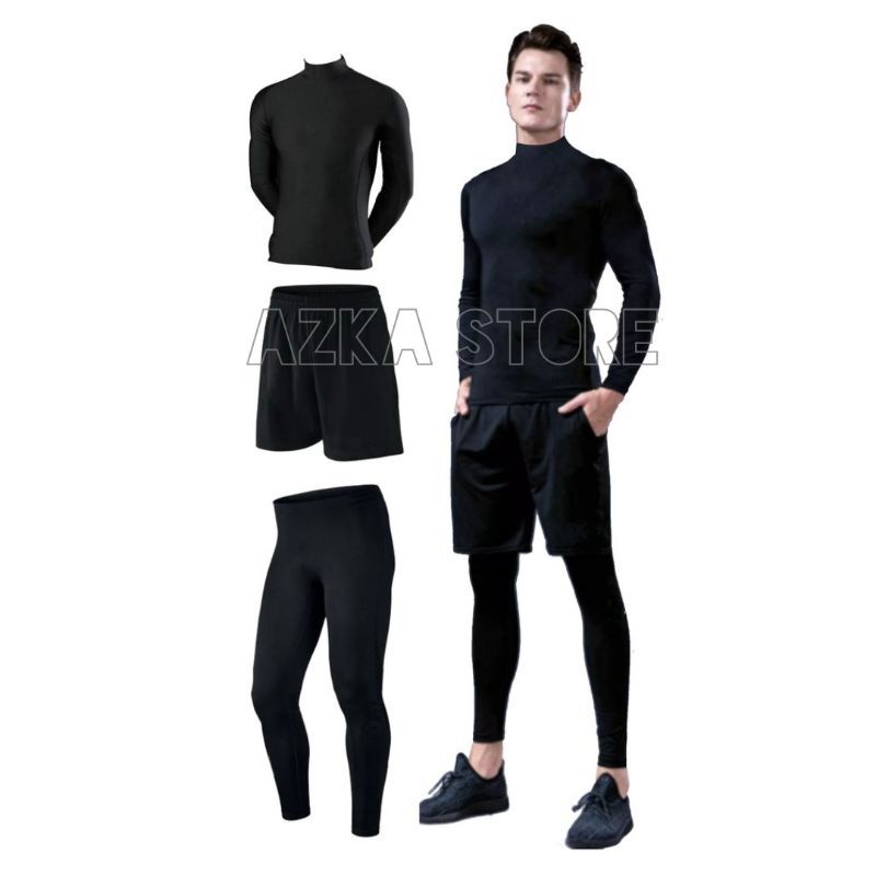 Stelan Pakaian Olahraga Baselayer Dapat Manset Baselayer, Celana Pendek Dan Legging Panjang Set Olah