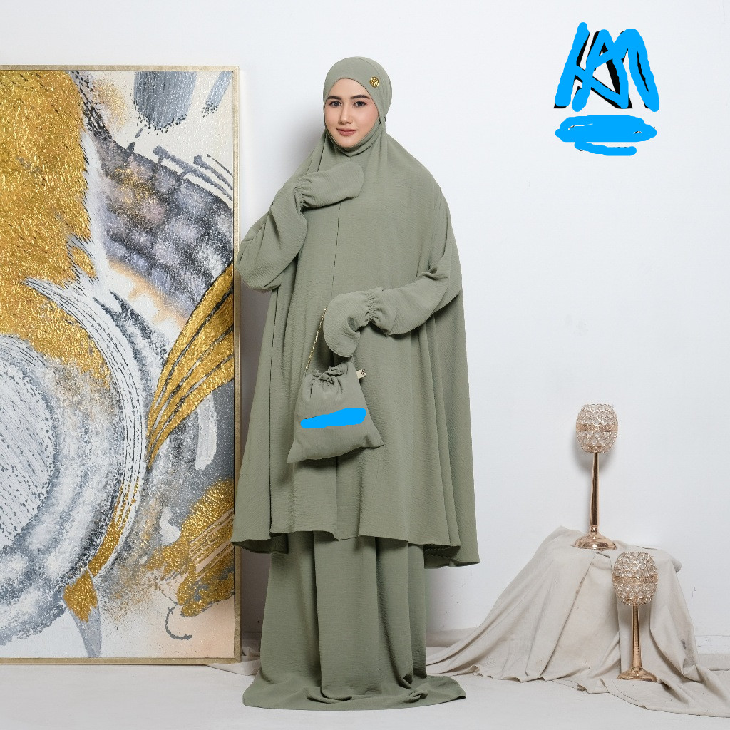 Mukena Dewasa Stelan Berlengan Bahan Crinkle |  Mukenah Potongan Atasan 4W4 HIJAB