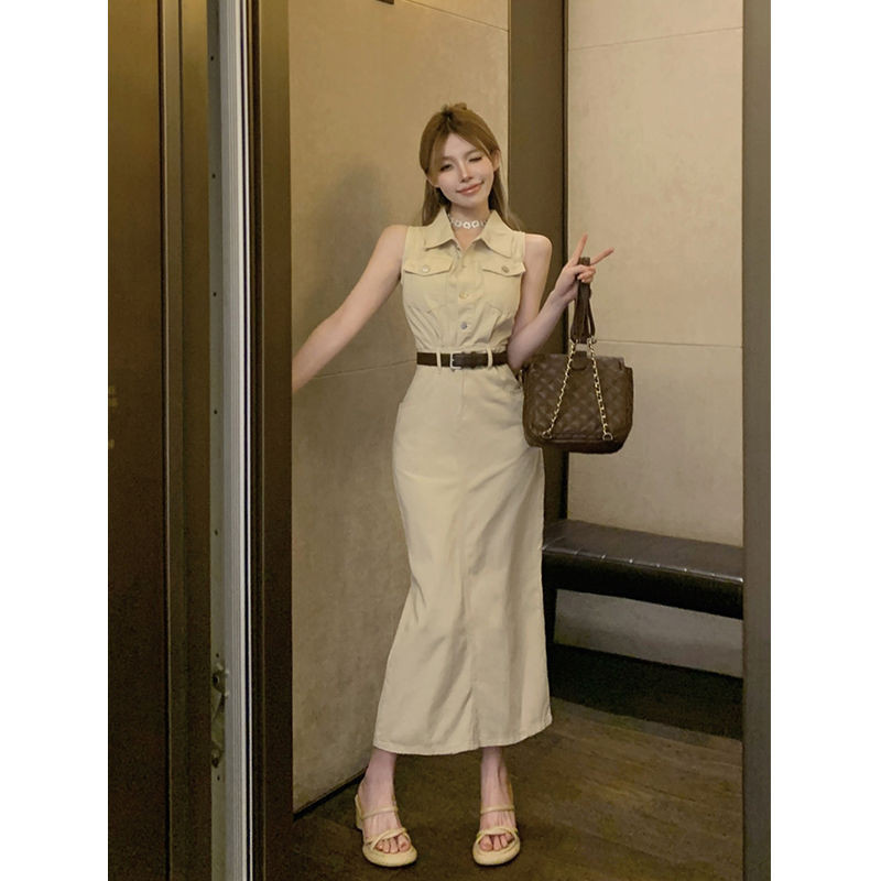 American retro lapel sleeveless waist slimming girl wrap buttocks denim vest skirt denim skirt