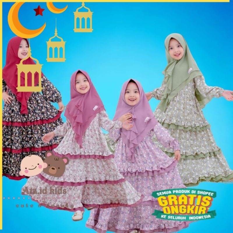 [ ata.id kids ] Nazlan vol. 6 gamis layers anak perempuan premium free jilbab motif bunga by Alifa/M