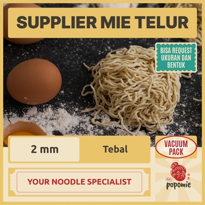 

VACUUM PACK Mie Telur Popomie Bisa Request Bakmi Mie Telor Ayam - 2mm Gepeng, Lurus