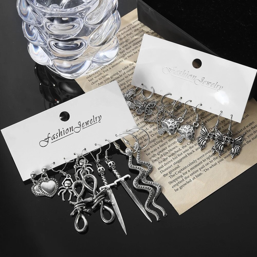 IPARAM Vintage Silver Color Earrings Set for Women Long Sword Mushroom Butterfly Skeleton Snake Goth