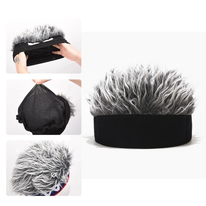 Terlaris ✨ -Topi Hip Hop Rambut Palsu Pria Rambut Pendek Penutup Kepala Retro - Abu-abu