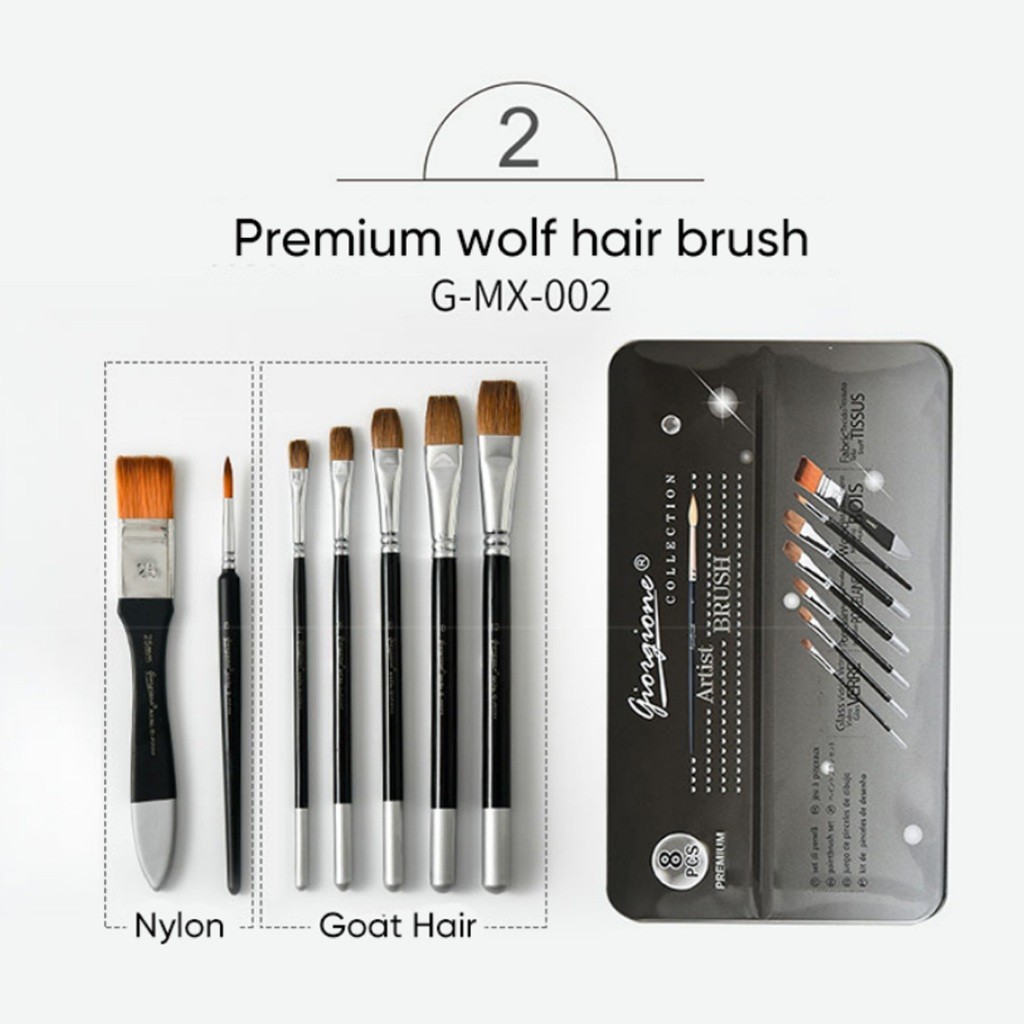 

GIORGIONE Kuas Lukis Paint Brush Set 8 Pcs + Tempat Kuas Premium - Wolf Hair