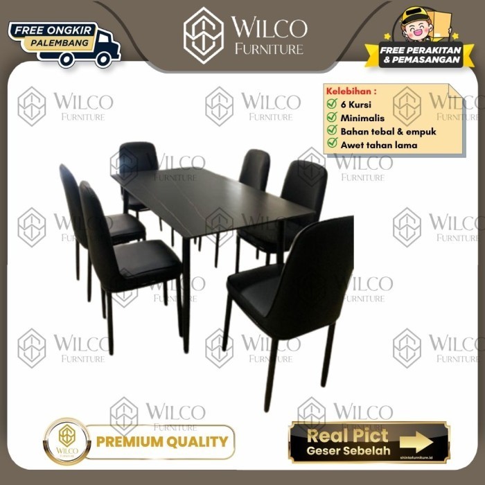 Meja Makan 6 Kursi Batu Marmer Hitam / Meja Keluarga Kaki Besi CM - 4 Kursi + Meja