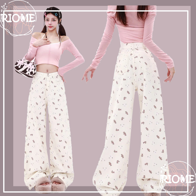 S-XL Jeans Pinggang Tinggi Bermotif Beruang Antik Jeans Wanita Gaya Korea Jeans Kaki Lurus Pinggang 