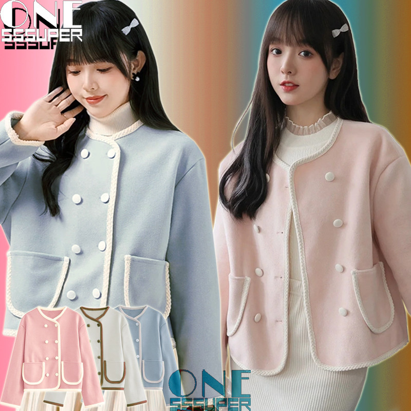 biru/merah muda/aprikot/Sweater rajut pendek wanita ala korea Jaket wol manis retro Jaket rajut leng