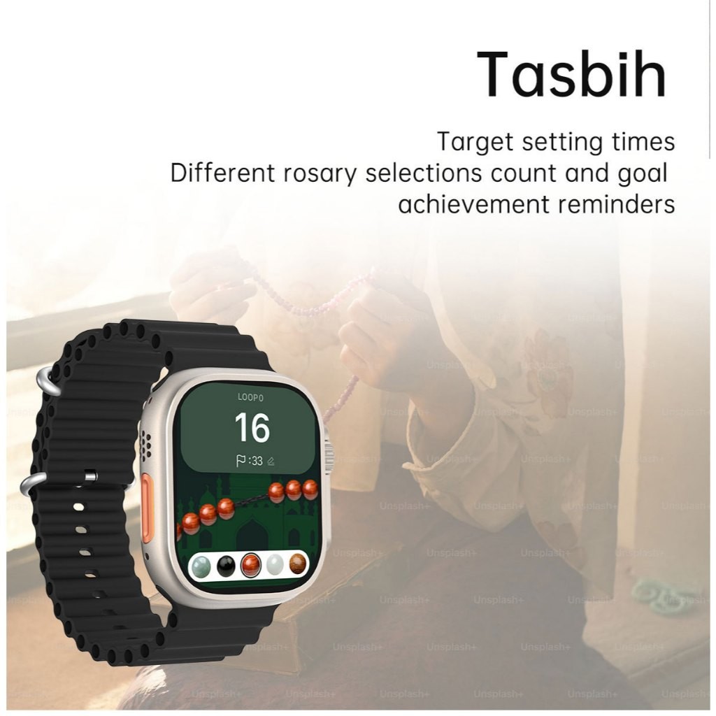 SmartWatch QIBLA | Adzan Reminder | Al-Qur'an | Tasbih | Layar Penuh 2.0" | kompas arah kiblat | Cus