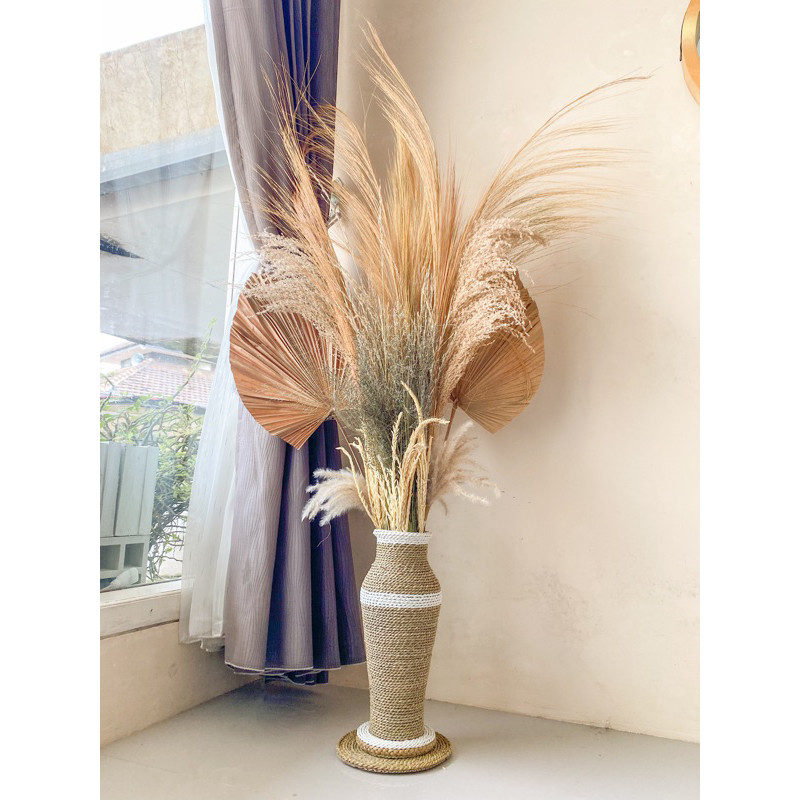 Paket Lengkap Bunga Kering + Pot Vas Guci 35cm Palem Kering+Pampas+Rayung+Ilalang+Dekorasi Rustic / 