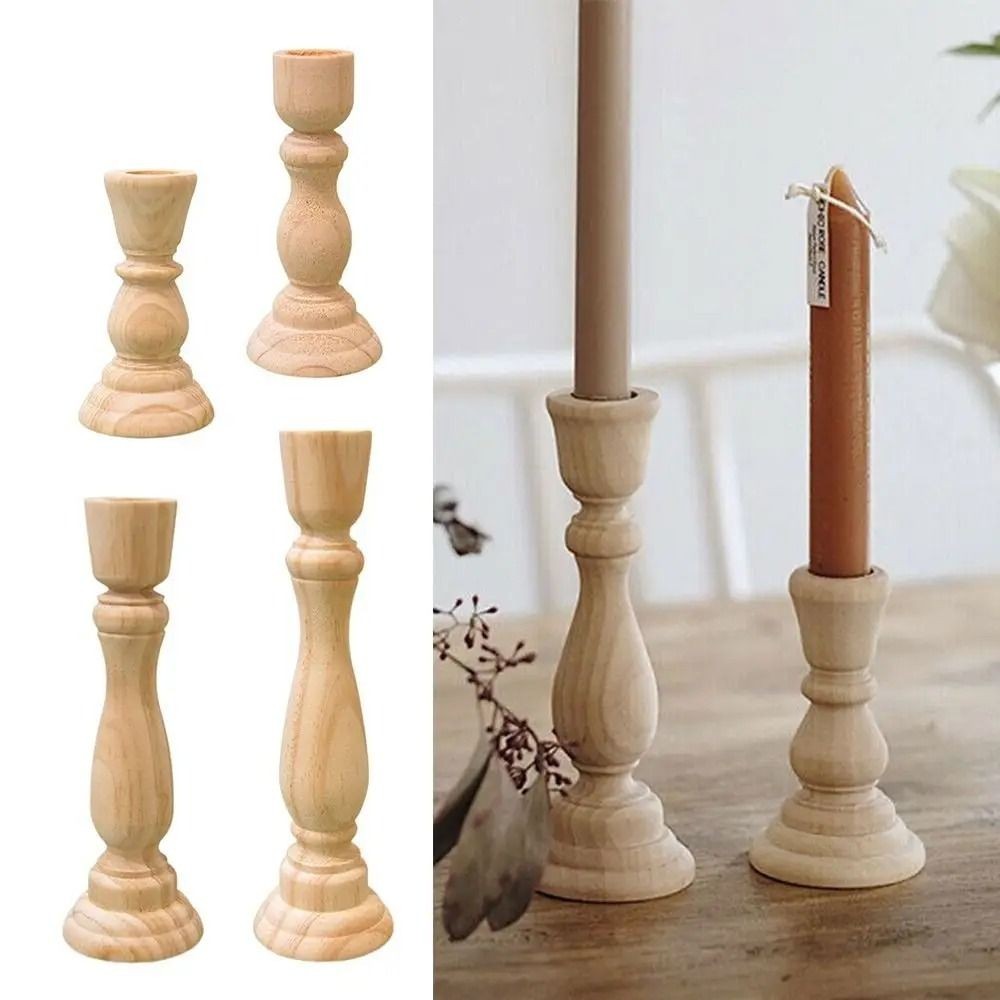 

Vintage Wooden Pillar Candle Holders Shabby Chic Carved Classic Wood Candle Stand Rustic Fireplace Mantel Decor