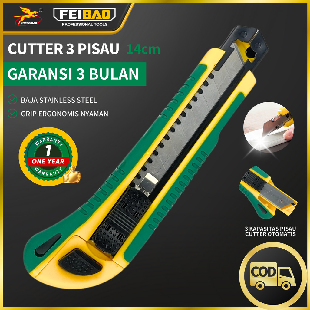 

Feibao Cutter 3 Pisau / 3 Blade Utility Knife / Penggantian Otomatis / Stainless Steel / F32-3