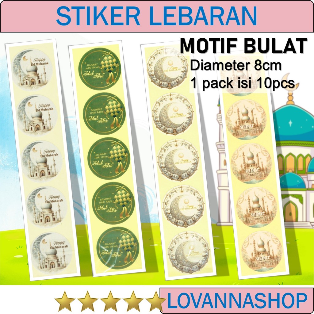 

10 Stiker Bulat Idul Fitri Lebaran 8cm Eid Mubarak Motif Gambar Hari raya setiker Diameter 8 cm Selamat Happy Hari Raya Agama Bergambar Tema