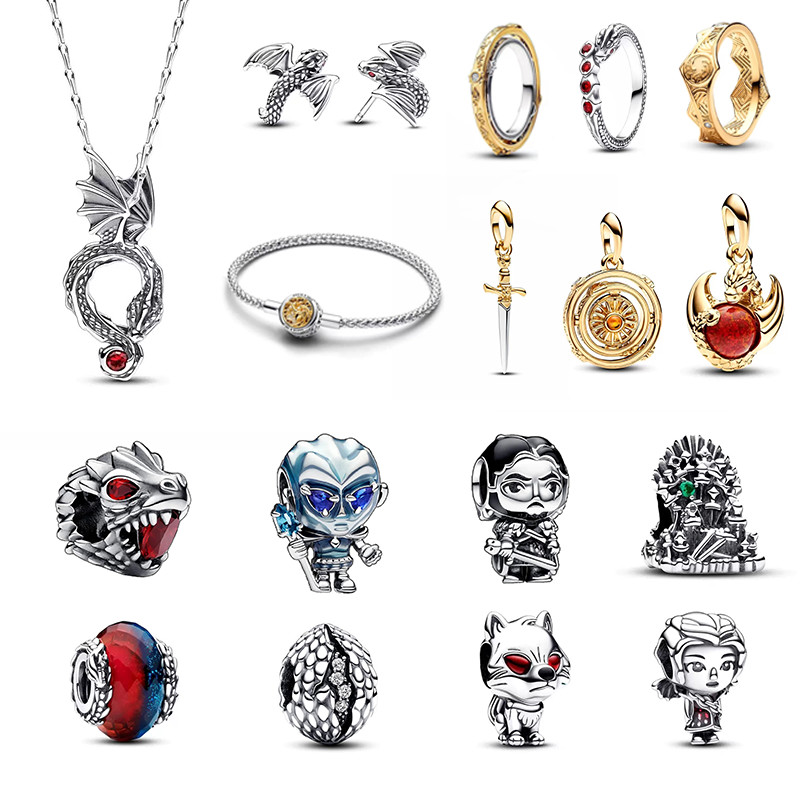 925 Silver Throne Dragon Ring Earrings Necklace Pendant Beads Suitable for Pandora Original Bracelet