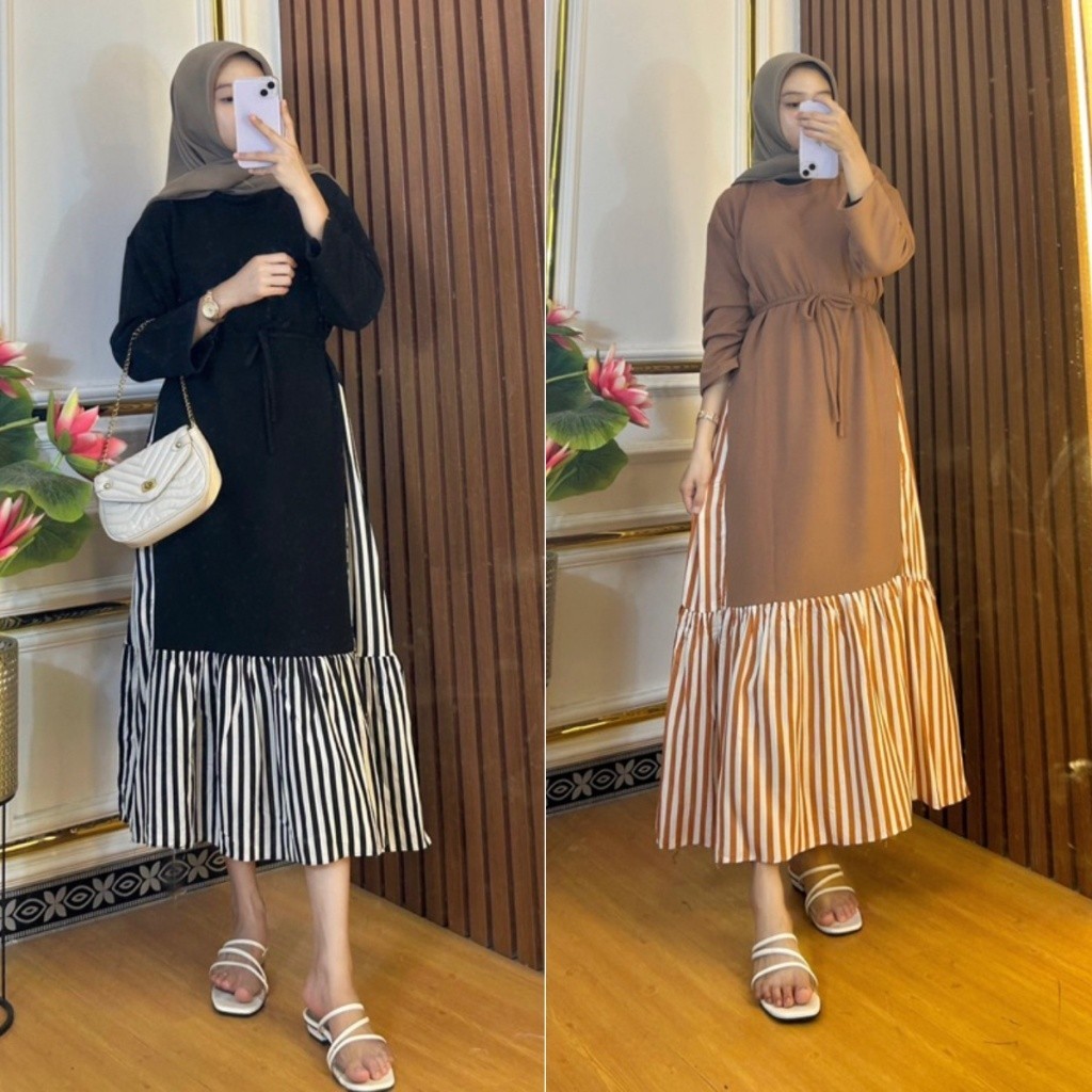 Saudia Midi Dress Knit Salur Kombinasi Rayon Motif Salur - Dress Muslim Kekinian - Viral Terbaru Kek