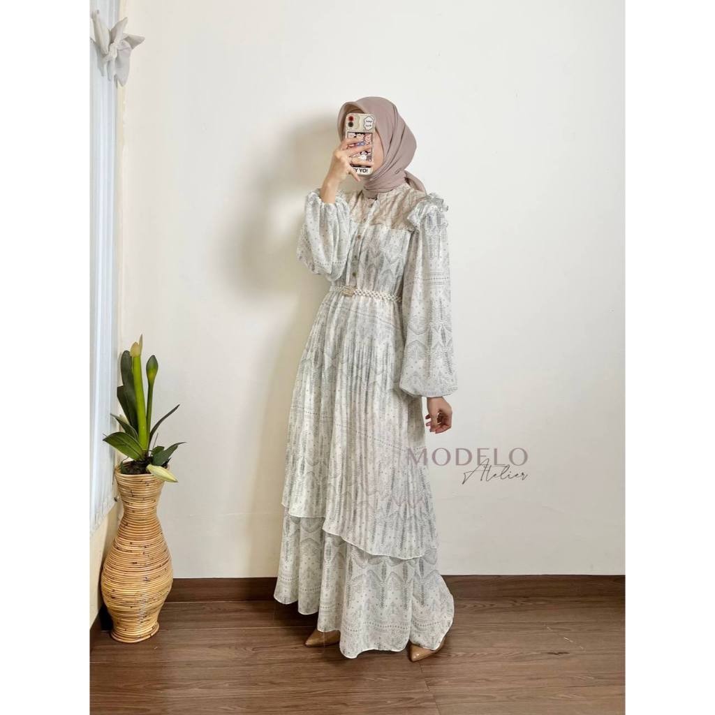 Amberly Maxy + Belt Mutiara | Gamis Plisket Motif / Gamis Meijiewang / Dress Plisket Mewah Jumbo / G