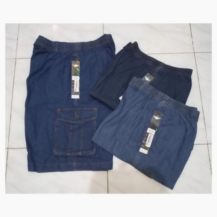 celana kolor pendek jeans 3/4 pinggang karet ukuran XL-XXXl pria - biru dongker