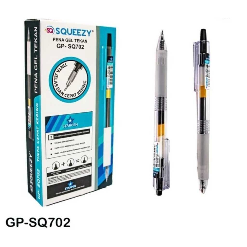 

Harga Grosir ( 1kotak / 12pcs ) Pulpen Gel Tekan SQUEEZY GP-SQ702 STARPEN 0.5mm/ GP-SQ703/ BP-SQ109