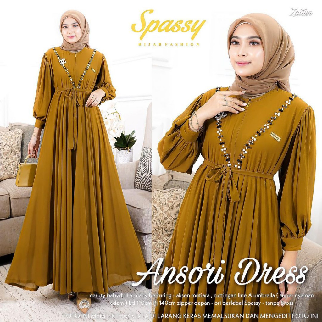 Ansori Dress Kondangan Sage Gamis Wanita Kekinian Busui Friendly Gaun Pesta Muslimah Ceruty Babydoll