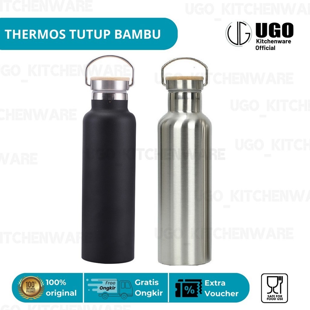 UGO Thermos Tutup Bambu | Termos Vacum 500ml | Tumbler Botol Minum | Termos Air Panas Kopi