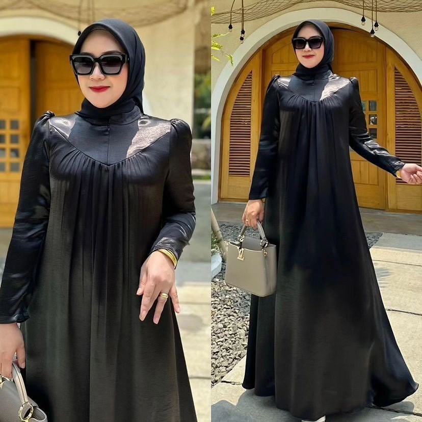 MDS - GAMIS SHIMER SILK PREMIUM GAMIS HITAM YARA DRESS GAMIS SILKY PREMIUM MOTIF TERBARU SHIMMER DRE