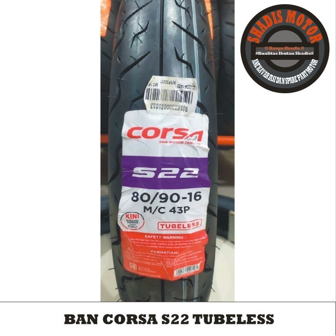 Ban Motor Merk Corsa Tubeless Tipe S22 Ukuran 80/90 Ring 16 Ban Motor Tubless