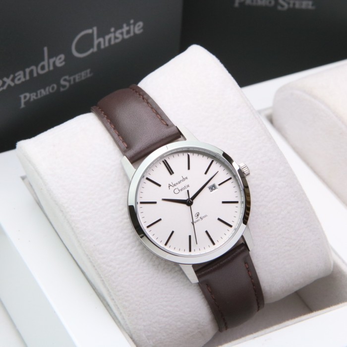 JAM TANGAN WANITA ALEXANDRE CHRISTIE AC 1007 SILVER BROWN KULIT. ORI