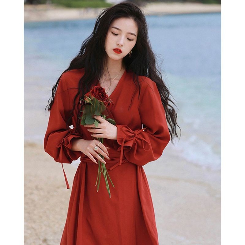 etro tea break dress, red V-neck tie up dress, new autumn 2023 style slimming skirt