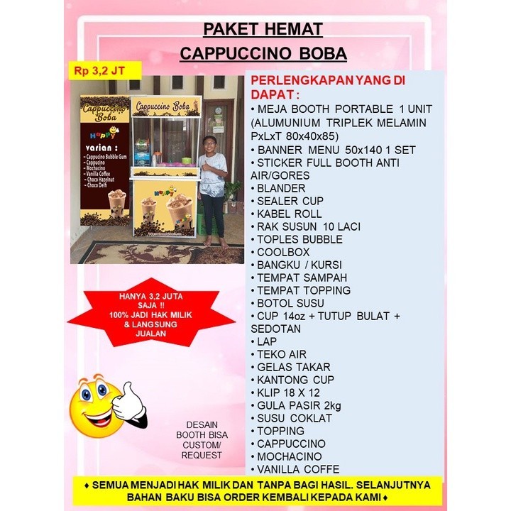 PAKET HEMAT MURAH EKONOMIS USAHA FRANCHISE MINUMAN CAPPUCCINO BOBA VIRAL KEKINIAN GEROBAK BOOTH