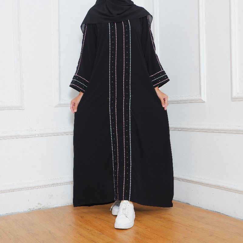 Daviana - Longdres Abaya Bordir Garis Lebanon Minimalis Cantik Gamis Mewah Kekinian 21D10