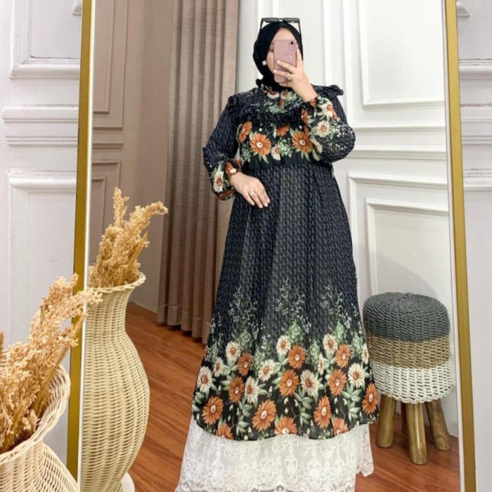 "V.NLN" - TERMURAH Baju Gamis Wanita Muslim Mila Dress Ceruti Brokat Tile Cantik Fashion Perempuan D