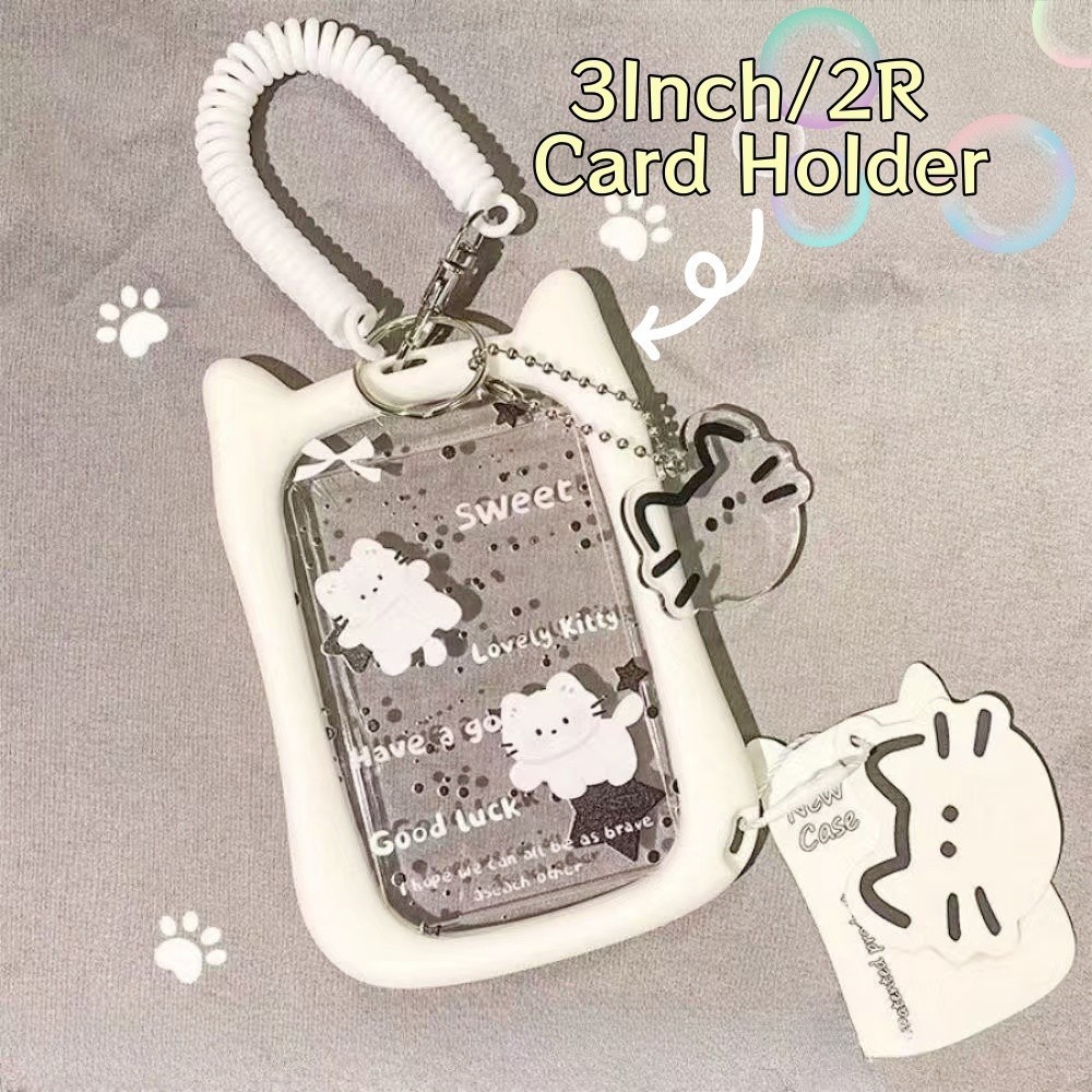 

Cute Cat Ear Card Holder Acrylic 3Inch/2R Kpop Idol Photo Holder Small Card Storage Protective Case Display with Keychain Student ID Card Holder
